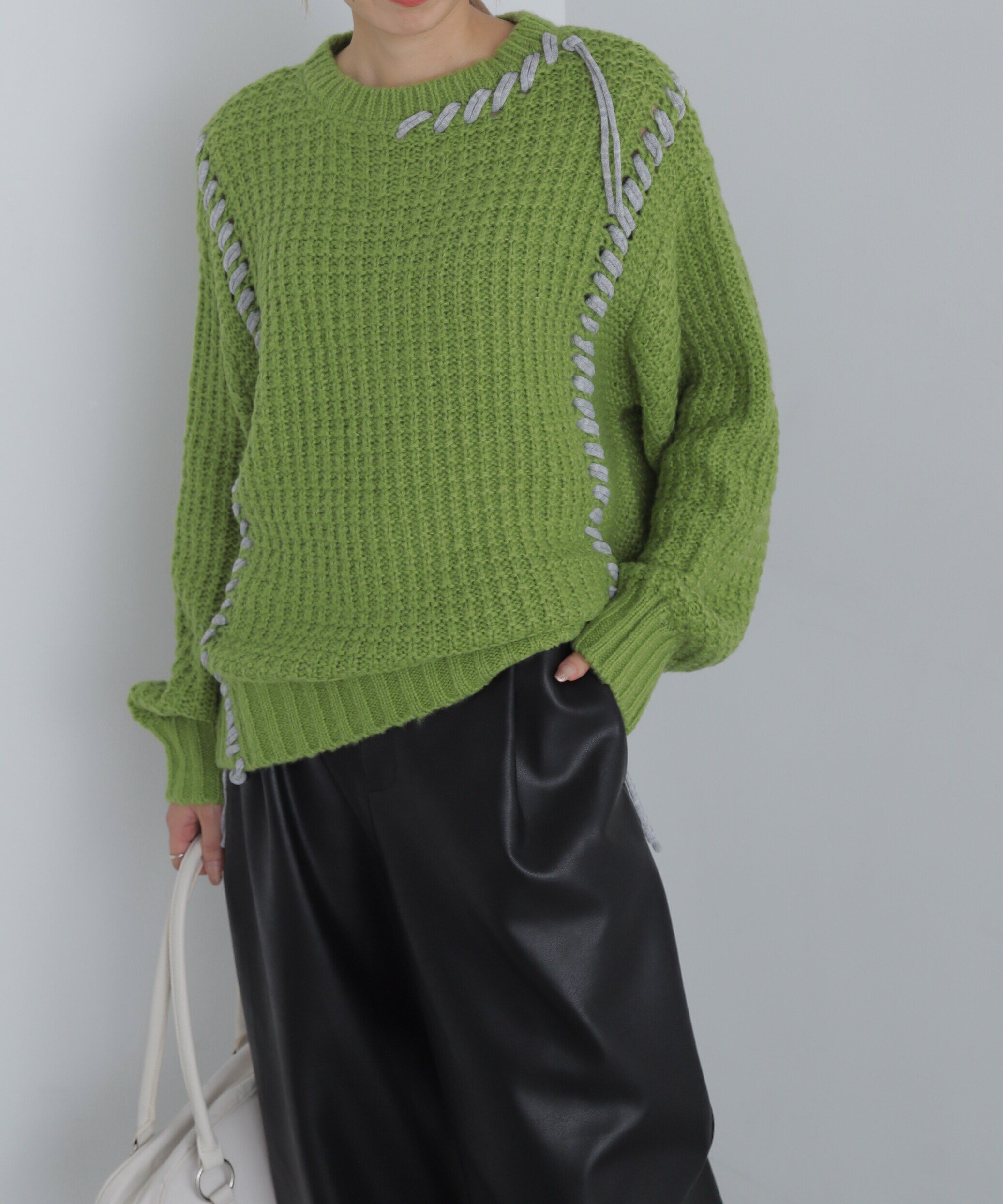  「配色ステッチニットプルオーバー」|ニット・セーター|ライトグリー