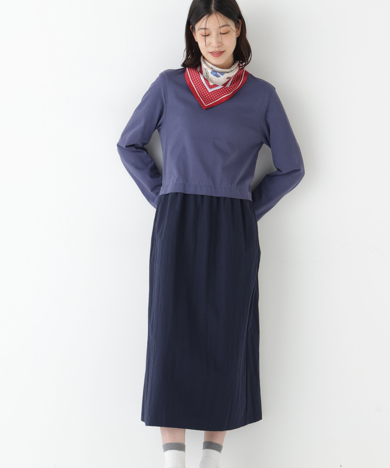  「◆ドッキングモックネックプルオーバーワンピース」|ワンピース|ブルーxネイビ