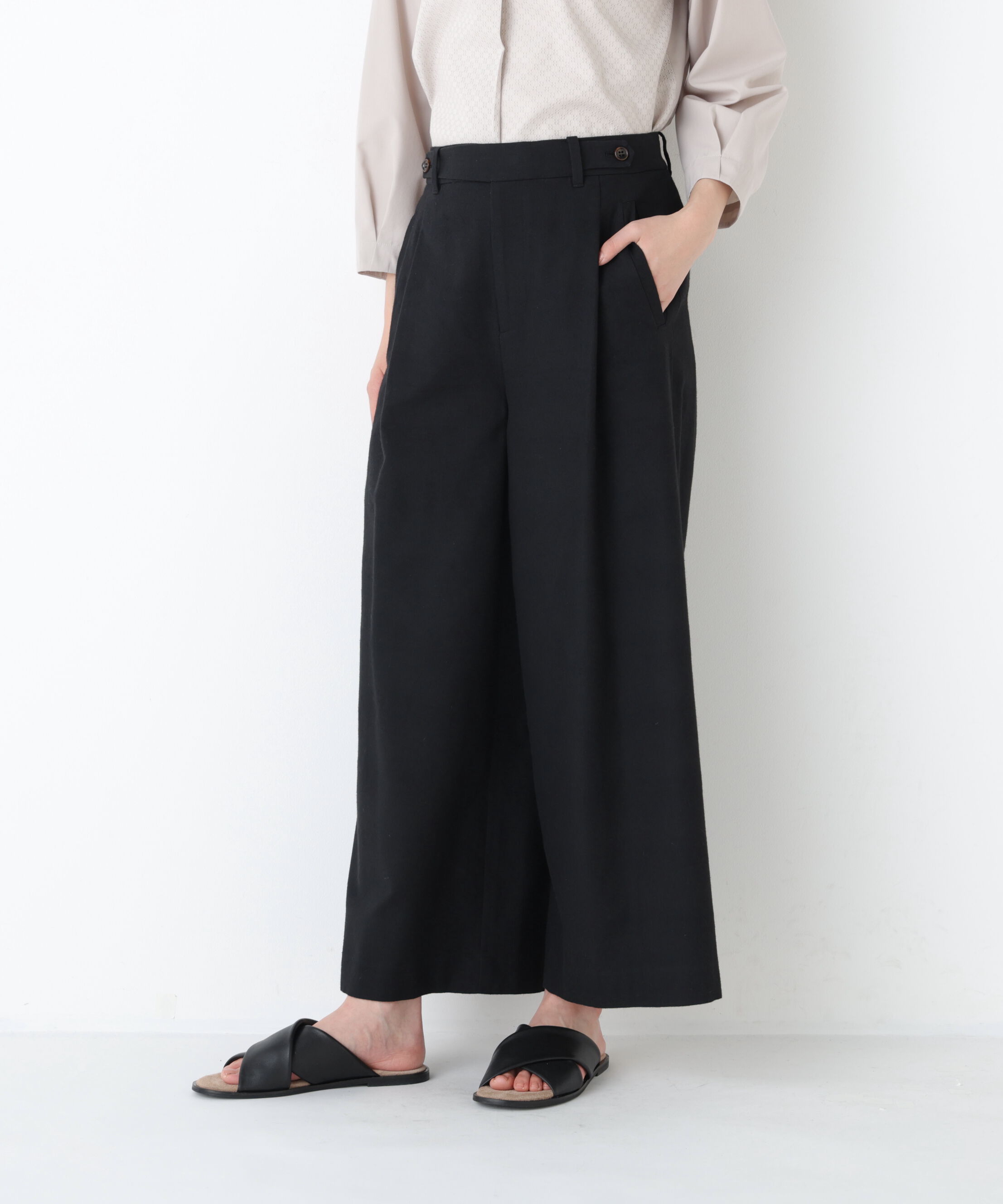  「◆《マルチサイズ/ウォッシャブル》ドライタッチリネン混ガウチョパンツ」|その他|ブラック