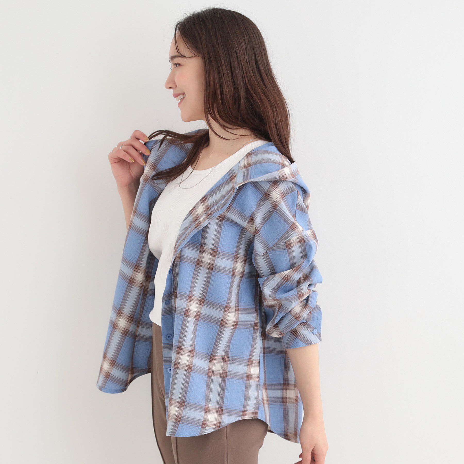 SHOO･LA･RUE「【洗濯機可】涼しげで軽やかな チェックシャツパーカ」|シャツ・ブラウス|