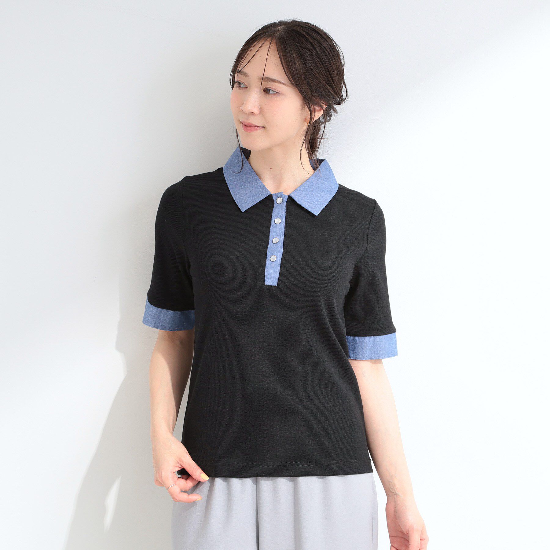 SHOO･LA･RUE「【洗濯機可/S-LL】シャツレイヤード風 テレコポロトップス」|Tシャツ・カットソー|