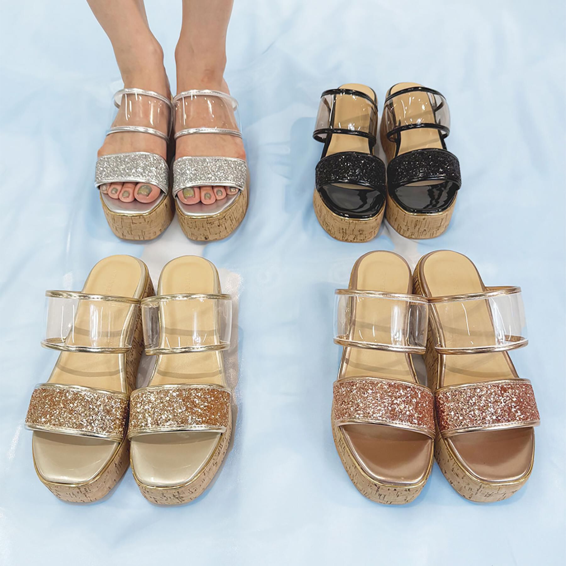 ESPERANZA「グリッター&times;クリアベルト 厚底コルクサンダル」|サンダル|