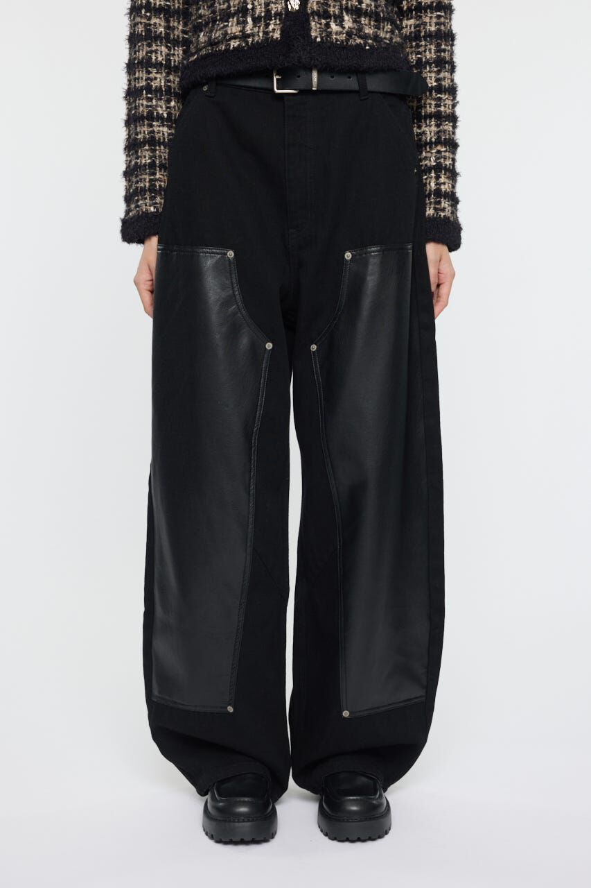 MOUSSY「F/LEATHER DOUBLE KNEE パンツ」|デニム|BLK