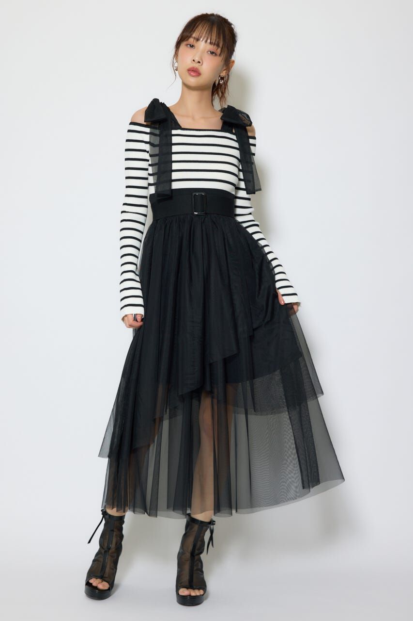 rienda「ショルダーリボンチュールニットワンピース」|ワンピース|