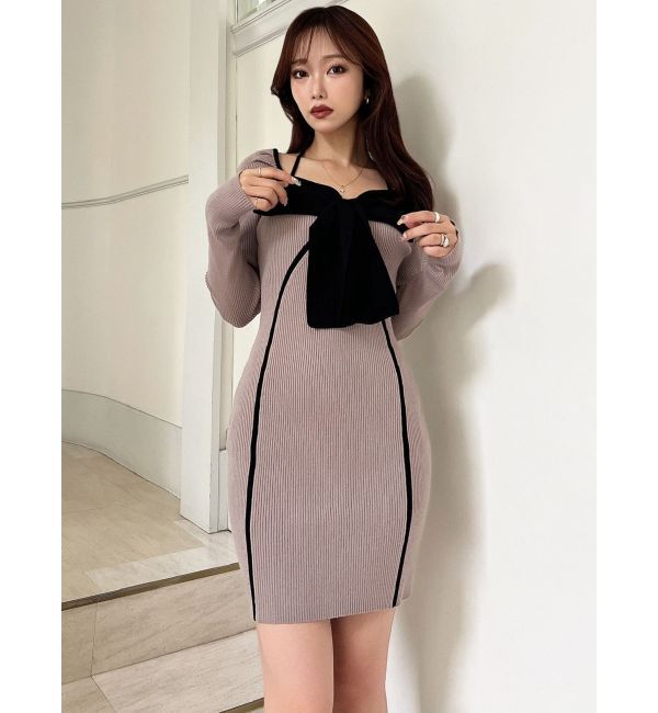 RESEXXY「バイカラーフロントリボンニットミニワンピース」|ワンピース|