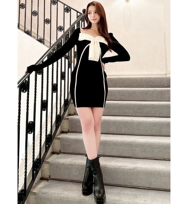 RESEXXY「バイカラーフロントリボンニットミニワンピース」|ワンピース|