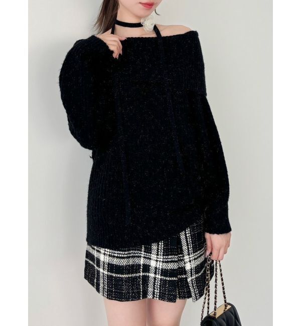 dazzlin「ワッフルオフショルコサージュニット」|ニット・セーター|ブラック