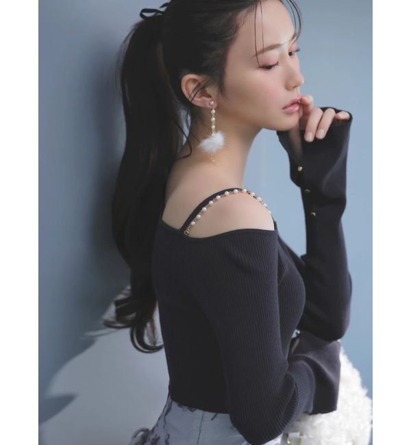 MERCURYDUO「アシメパールチェーンワンショルニット」|ニット・セーター|