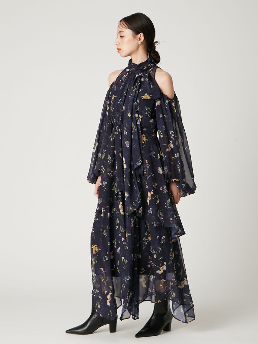 FRAY I.D「【00サイズ】フラワープリントオフショルティアードワンピース」|ワンピース|