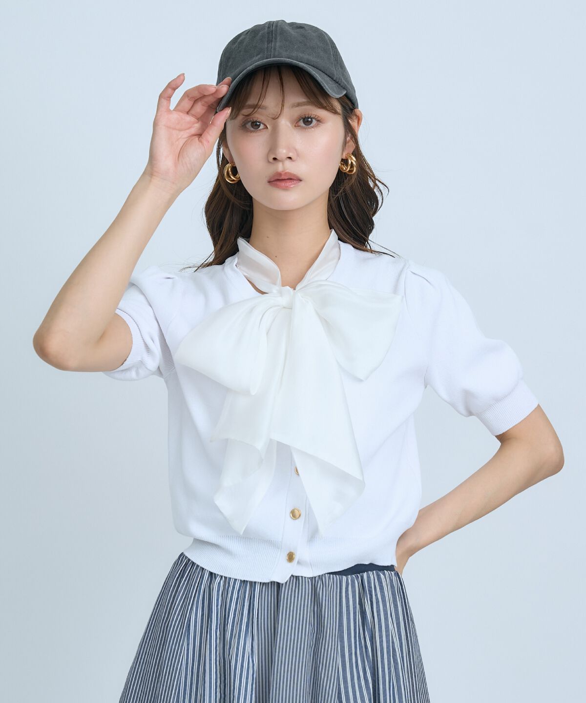 アンドクチュール「異素材リボン半袖ニットカーディガン」|カーディガン|ﾗｲﾄﾍﾞｰｼﾞｭ