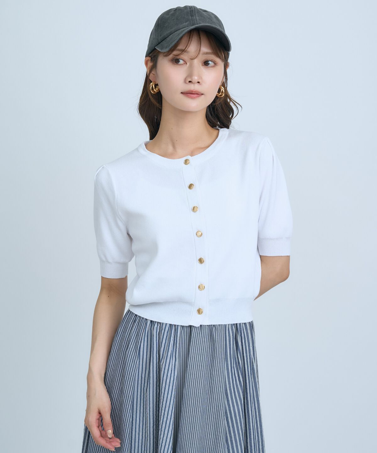 アンドクチュール「異素材リボン半袖ニットカーディガン」|カーディガン|