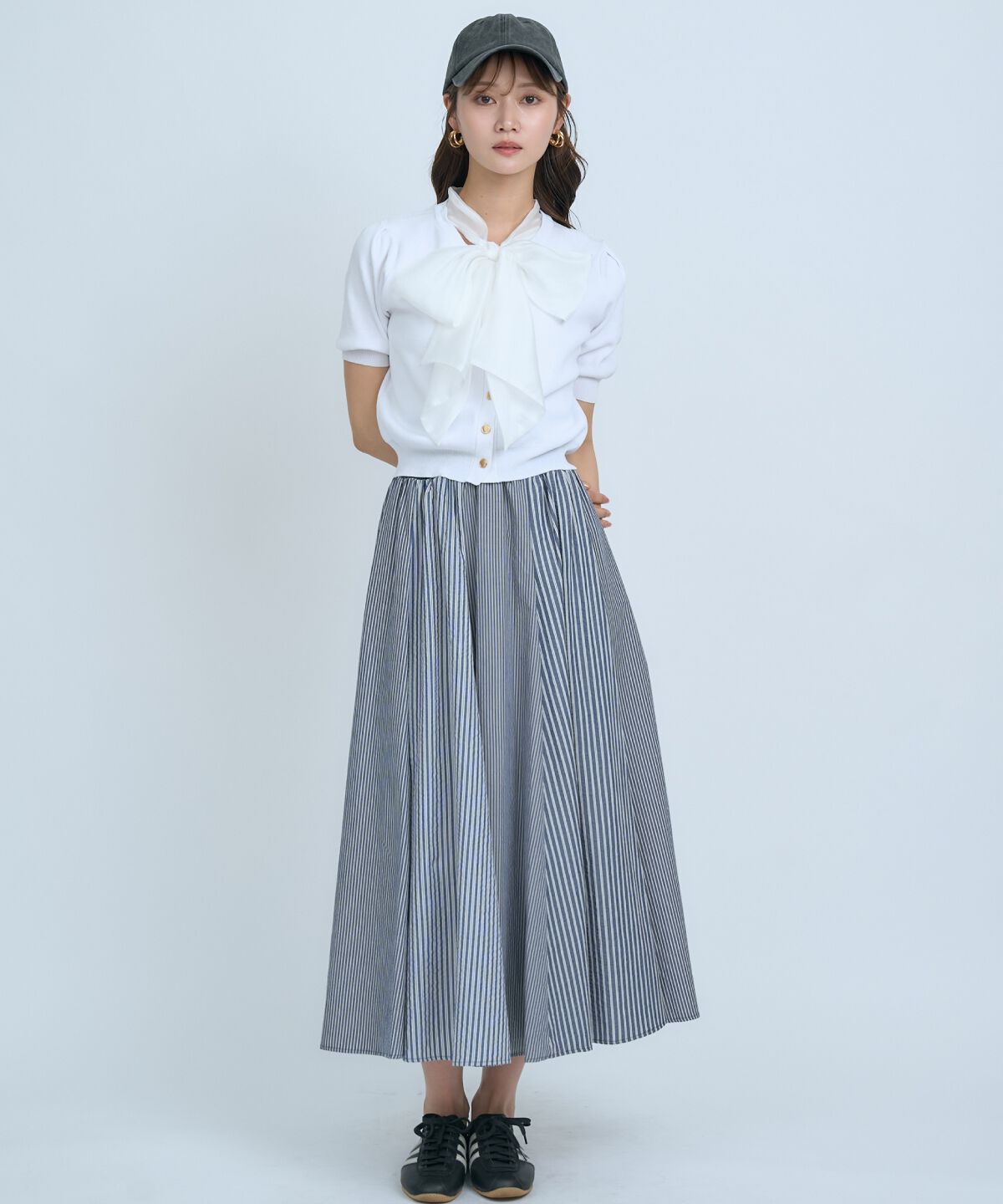 アンドクチュール「異素材リボン半袖ニットカーディガン」|カーディガン|