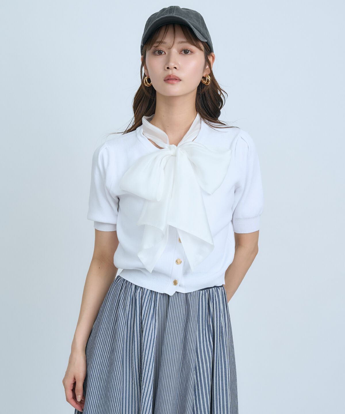 アンドクチュール「異素材リボン半袖ニットカーディガン」|カーディガン|