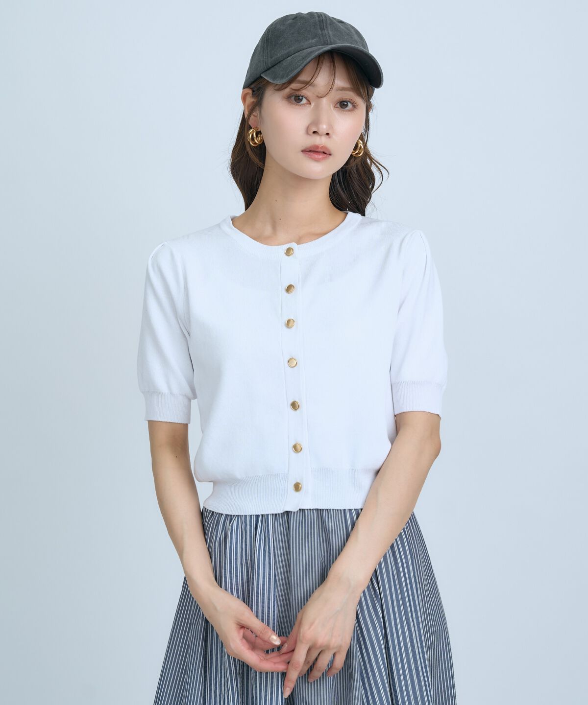 アンドクチュール「異素材リボン半袖ニットカーディガン」|カーディガン|