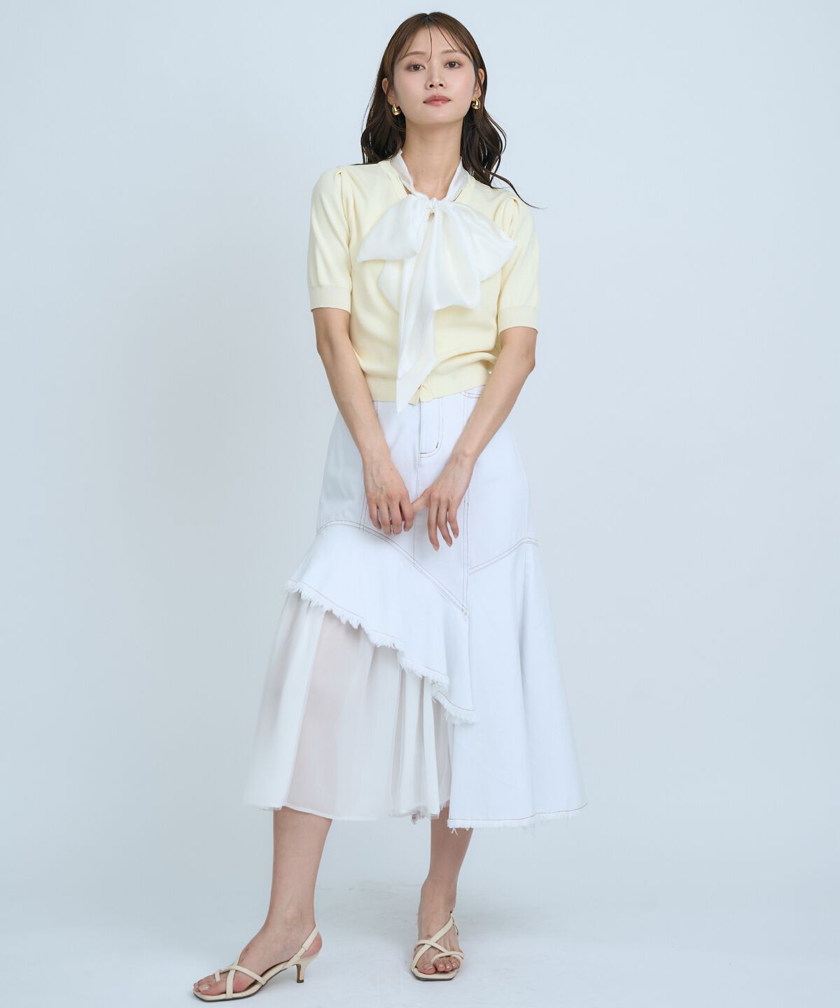 アンドクチュール「異素材リボン半袖ニットカーディガン」|カーディガン|