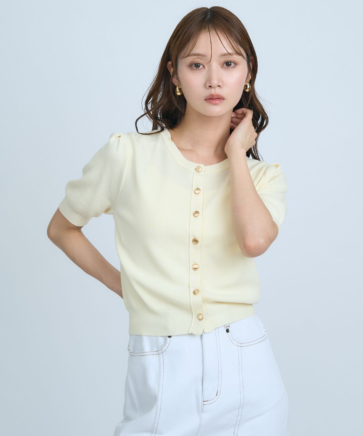 アンドクチュール「異素材リボン半袖ニットカーディガン」|カーディガン|