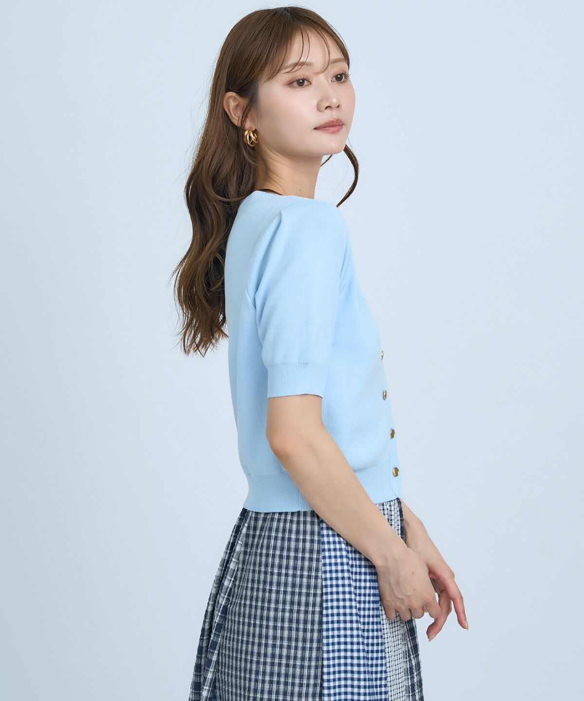 アンドクチュール「異素材リボン半袖ニットカーディガン」|カーディガン|