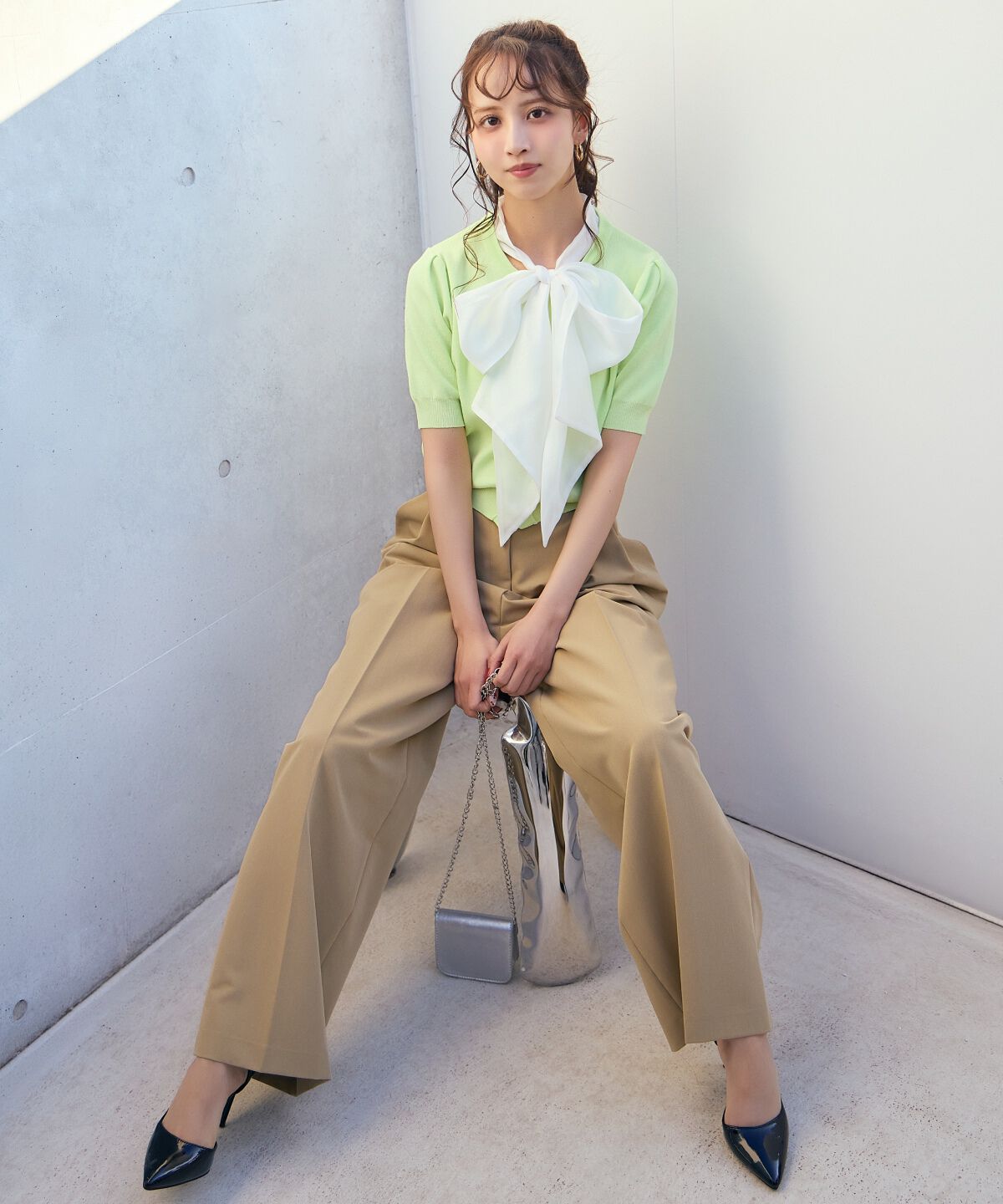 アンドクチュール「異素材リボン半袖ニットカーディガン」|カーディガン|