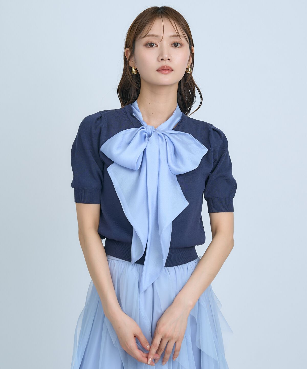 アンドクチュール「異素材リボン半袖ニットカーディガン」|カーディガン|ネイビー