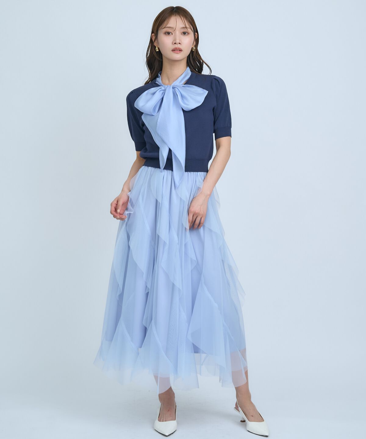 アンドクチュール「異素材リボン半袖ニットカーディガン」|カーディガン|