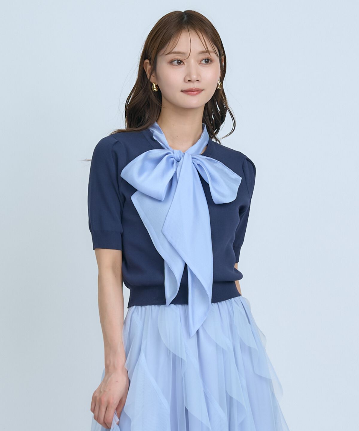 アンドクチュール「異素材リボン半袖ニットカーディガン」|カーディガン|