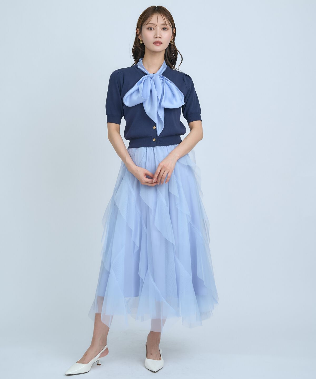 アンドクチュール「異素材リボン半袖ニットカーディガン」|カーディガン|