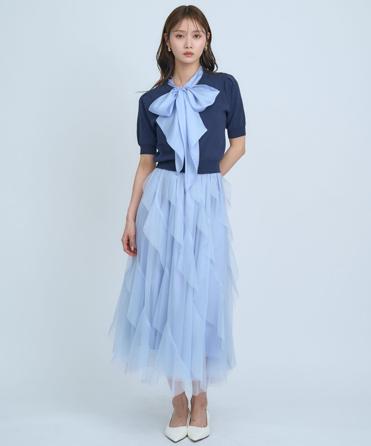 アンドクチュール「異素材リボン半袖ニットカーディガン」|カーディガン|