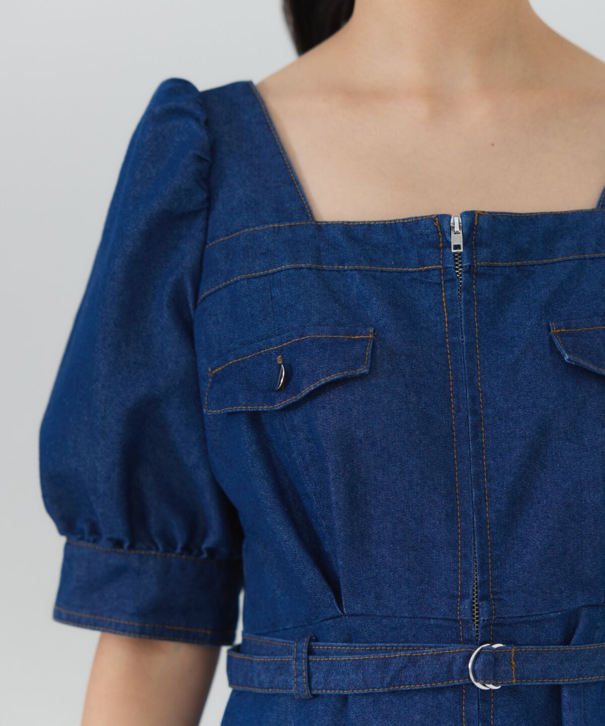 REDYAZEL「フロントジップスクエアネックフレアワンピース」|ワンピース|