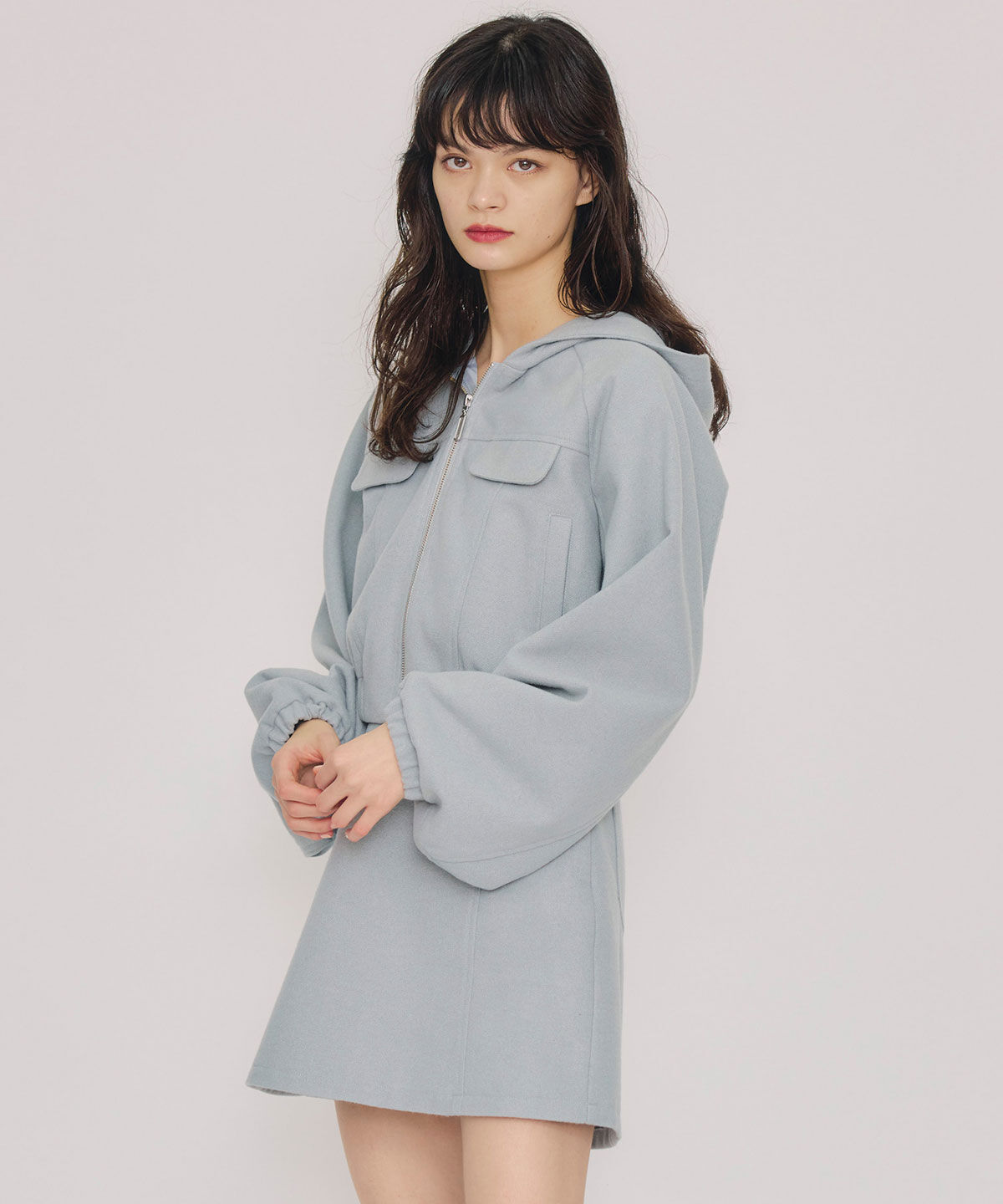 REDYAZEL「ビッグスリーブフードショートブルゾン」|ブルゾン・スタジャン|サックス