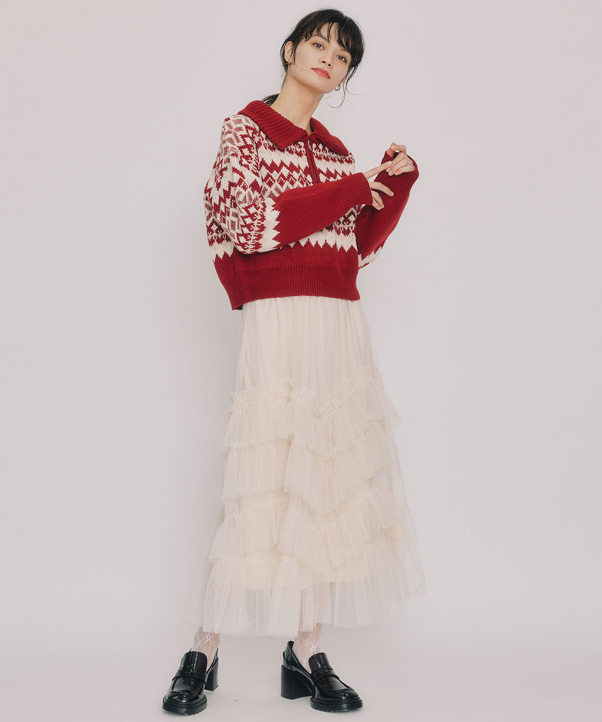 REDYAZEL「ギャザーチュールティアードロングスカート」|フレア|