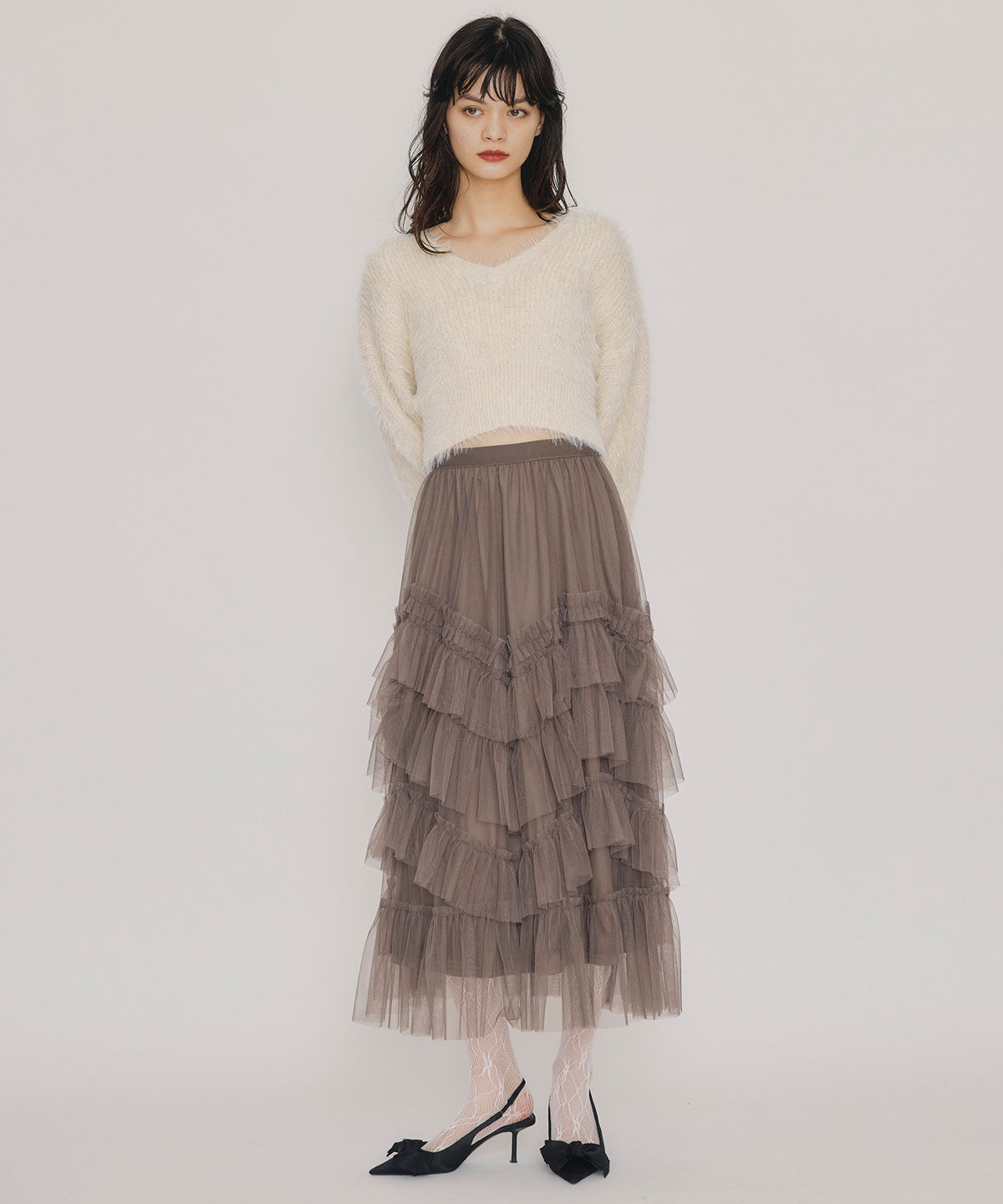 REDYAZEL「ギャザーチュールティアードロングスカート」|フレア|