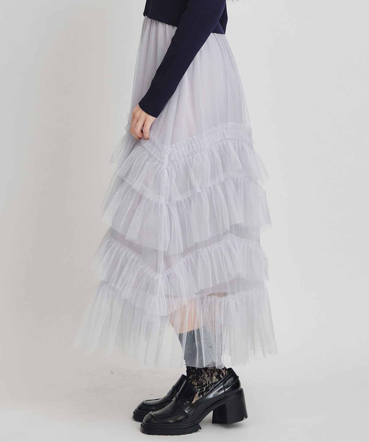REDYAZEL「ギャザーチュールティアードロングスカート」|フレア|