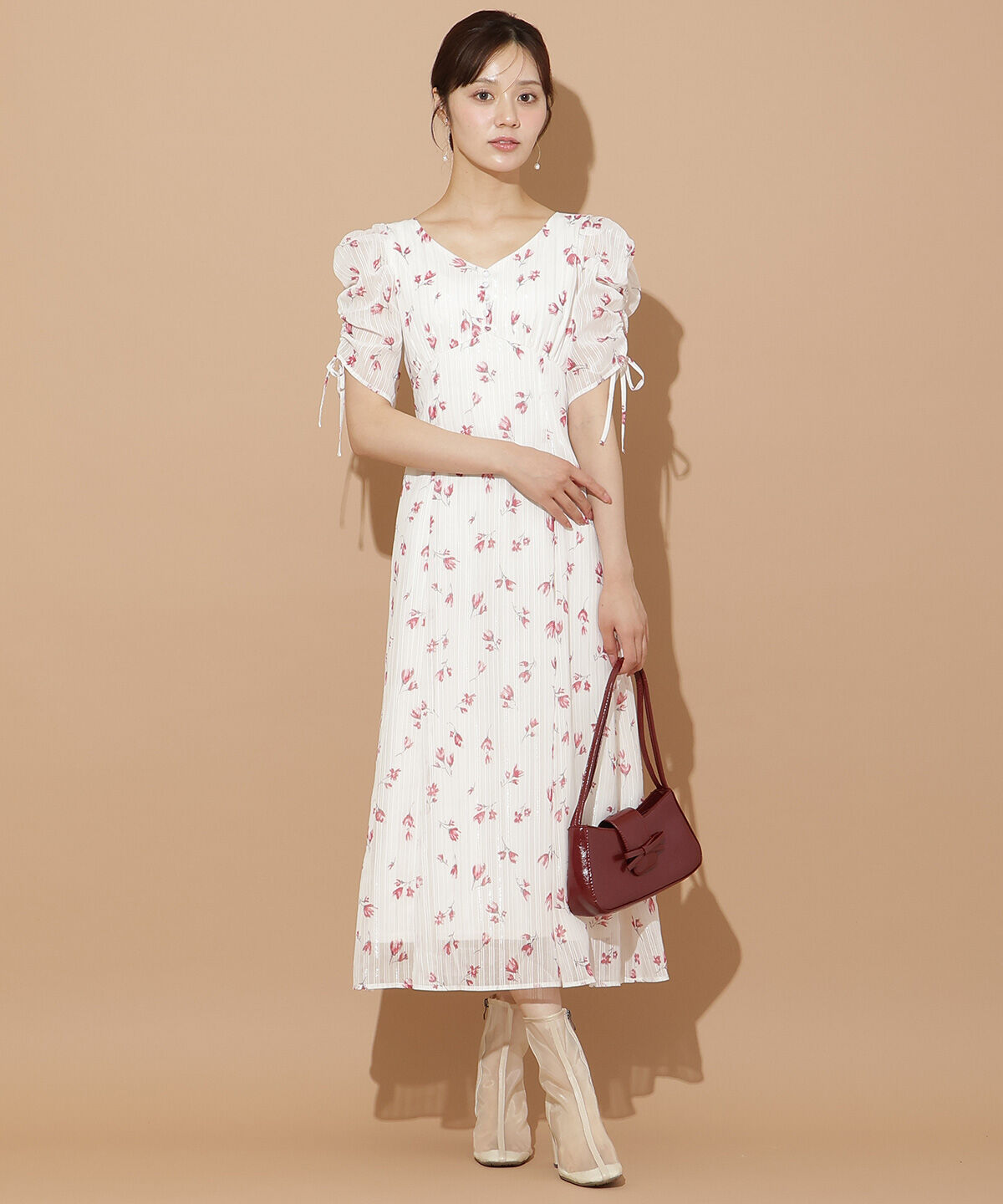 WILLSELECTION「フルールプリントギャザースリーブワンピース」|ワンピース|