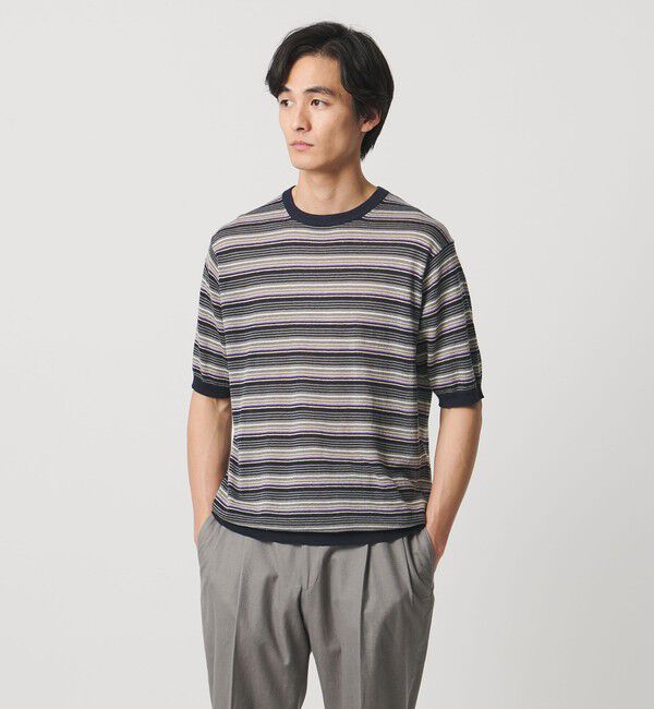 UNITED ARROWS「リネンコットン マルチボーダー ニット Tシャツ」|Tシャツ・カットソー|NAVY