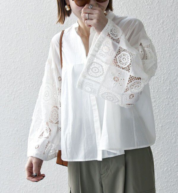 SHIPS any「SHIPS any:〈手洗い可能〉パッチワーク レース スリーブ バンドカラー シャツ」|シャツ・ブラウス|