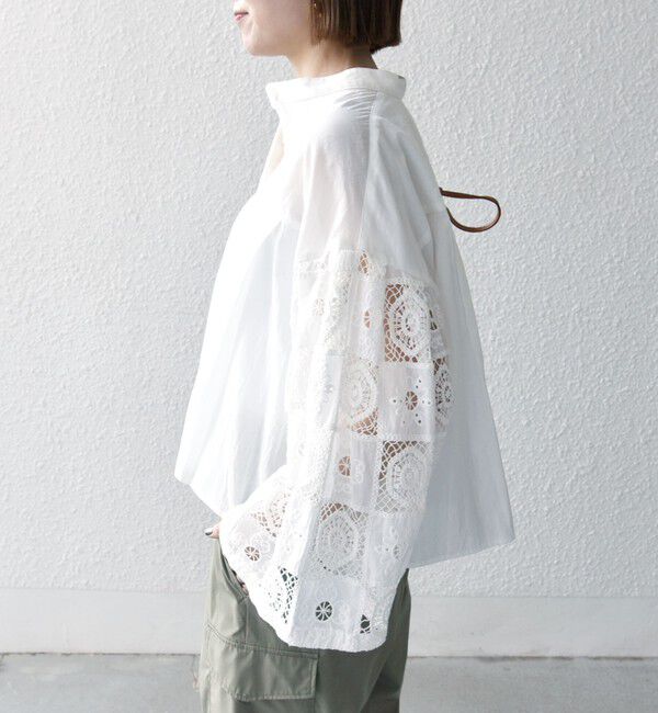 SHIPS any「SHIPS any:〈手洗い可能〉パッチワーク レース スリーブ バンドカラー シャツ」|シャツ・ブラウス|