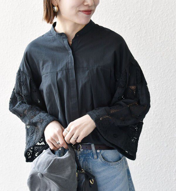 SHIPS any「SHIPS any:〈手洗い可能〉パッチワーク レース スリーブ バンドカラー シャツ」|シャツ・ブラウス|ブラック