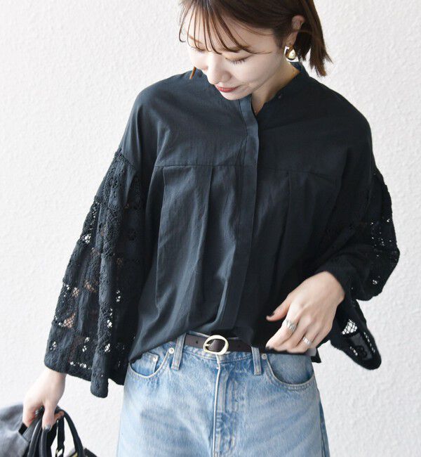 SHIPS any「SHIPS any:〈手洗い可能〉パッチワーク レース スリーブ バンドカラー シャツ」|シャツ・ブラウス|