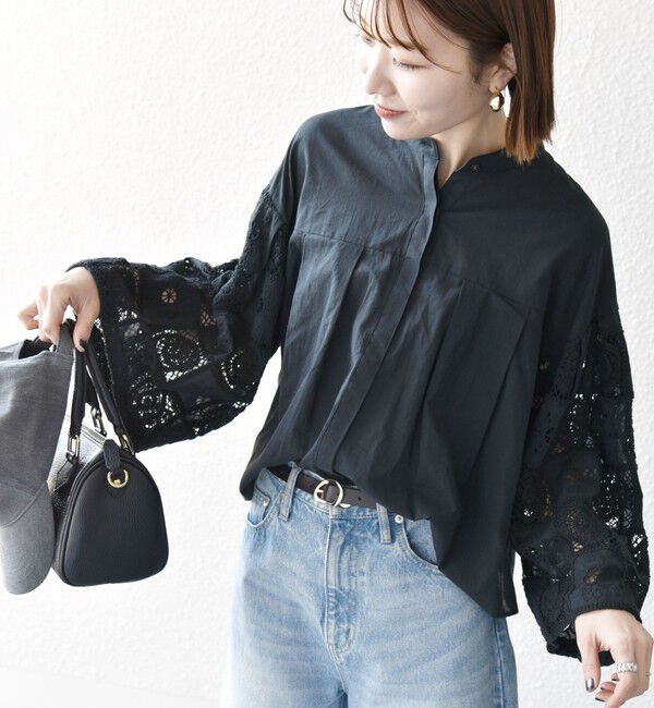 SHIPS any「SHIPS any:〈手洗い可能〉パッチワーク レース スリーブ バンドカラー シャツ」|シャツ・ブラウス|