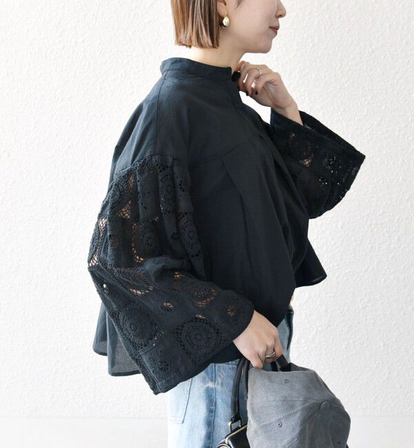 SHIPS any「SHIPS any:〈手洗い可能〉パッチワーク レース スリーブ バンドカラー シャツ」|シャツ・ブラウス|