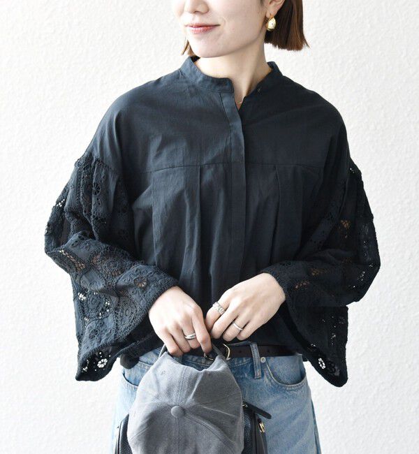 SHIPS any「SHIPS any:〈手洗い可能〉パッチワーク レース スリーブ バンドカラー シャツ」|シャツ・ブラウス|