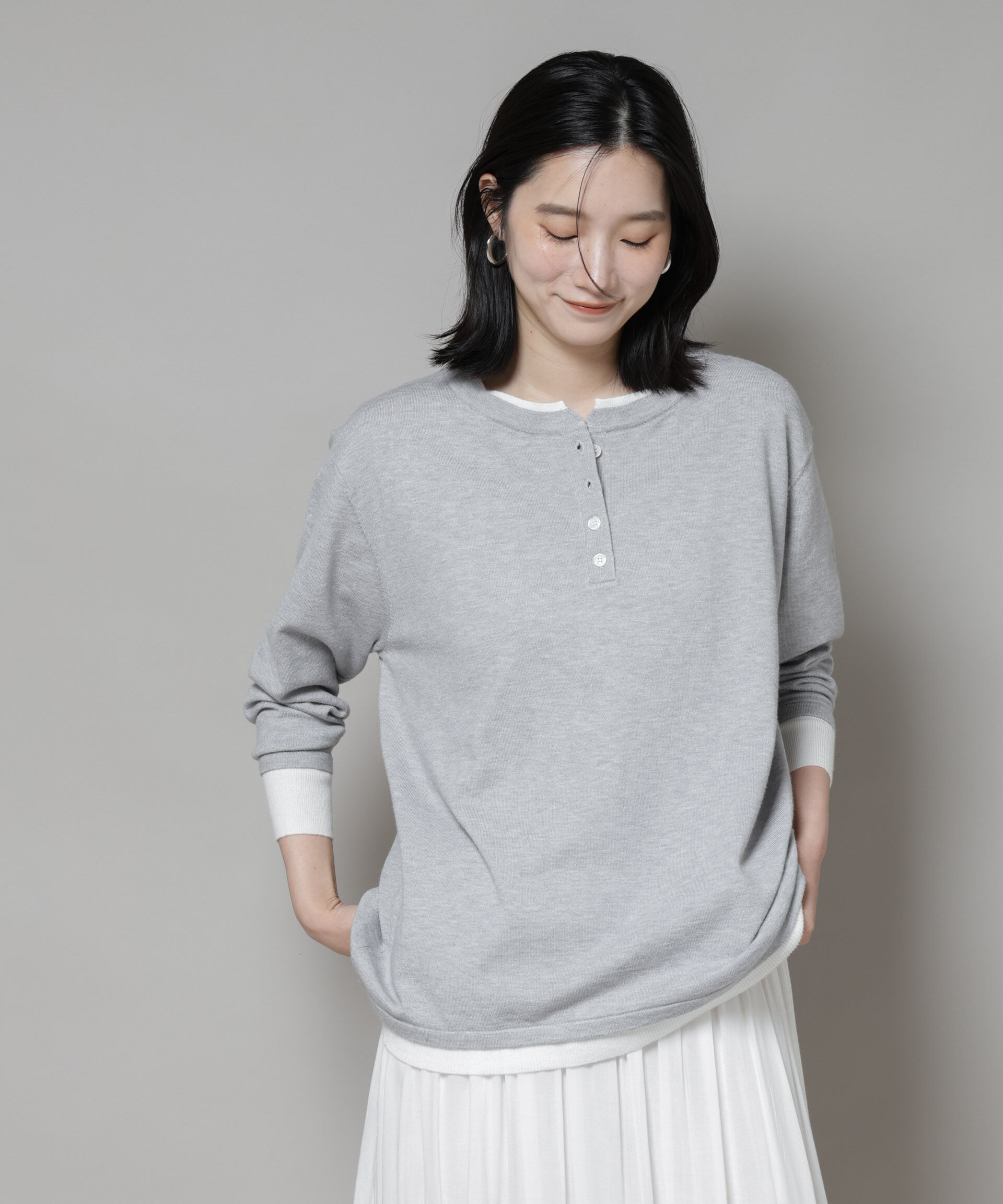 nano･universe「レイヤード風バイカラーヘンリーネックニット」|ニット・セーター|