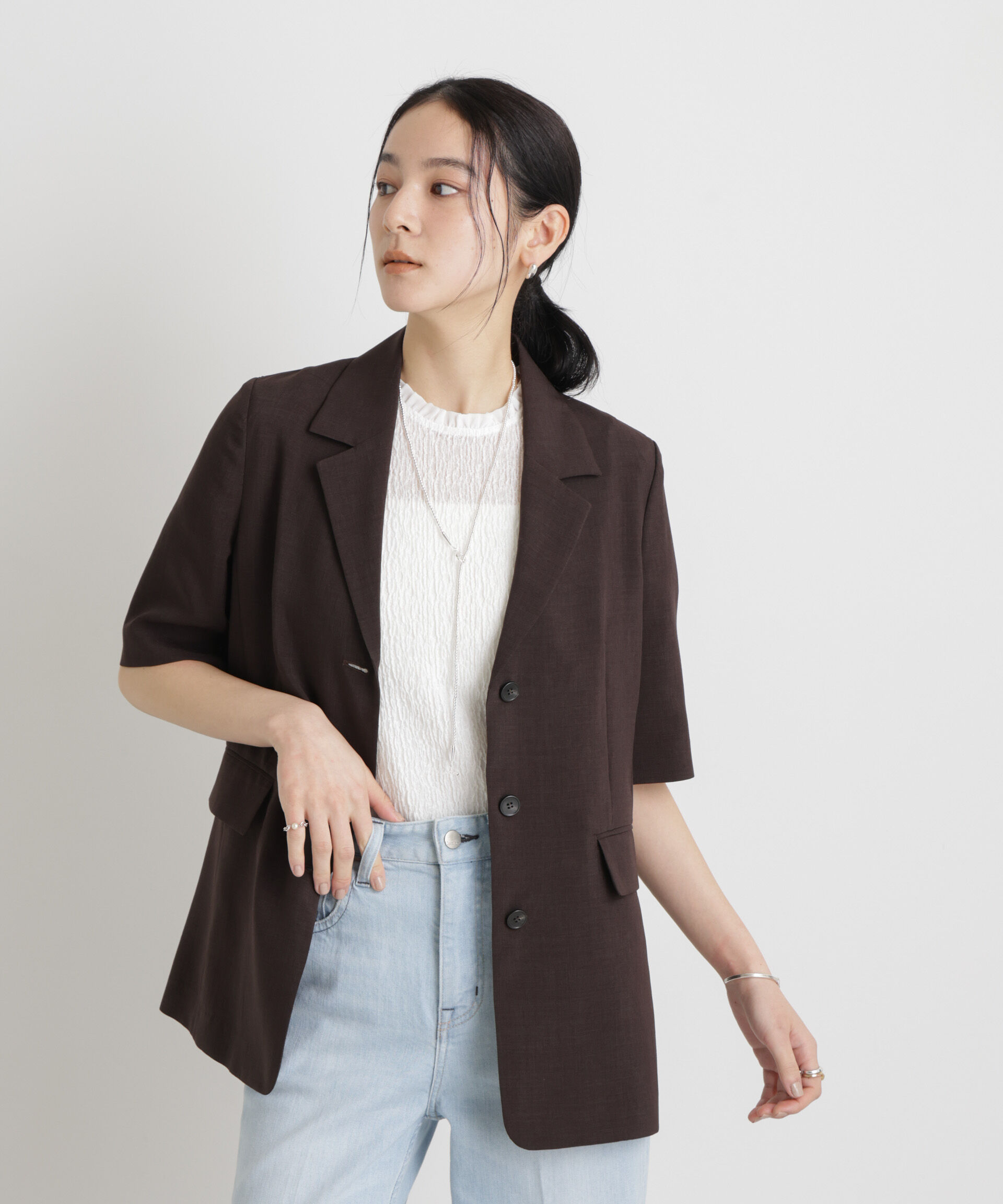 nano･universe「メランジドライ ハーフスリーブシングルジャケット(セットアップ可)」|テーラードジャケット|D.ブラウン2