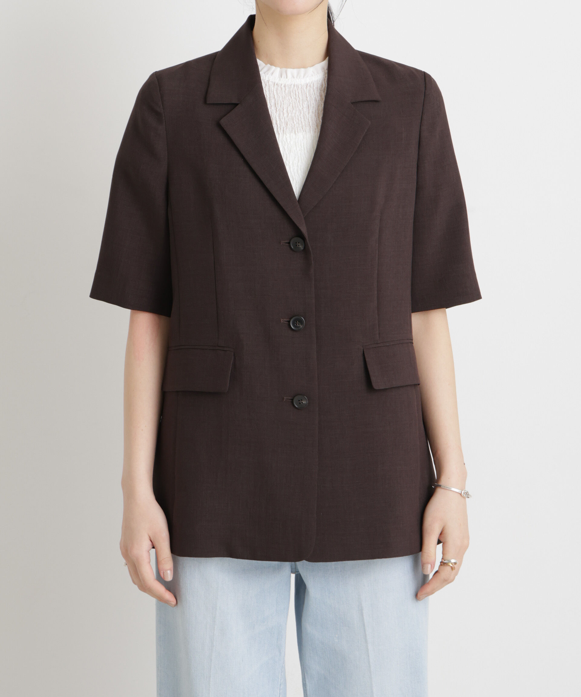 nano･universe「メランジドライ ハーフスリーブシングルジャケット(セットアップ可)」|テーラードジャケット|