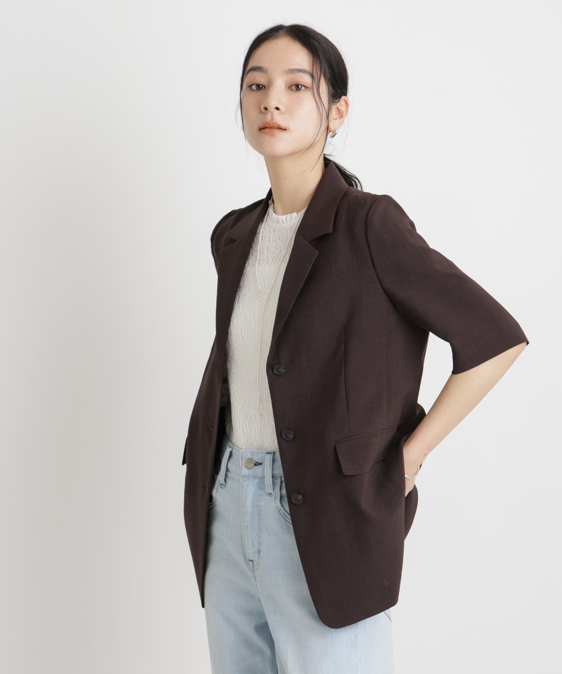 nano･universe「メランジドライ ハーフスリーブシングルジャケット(セットアップ可)」|テーラードジャケット|