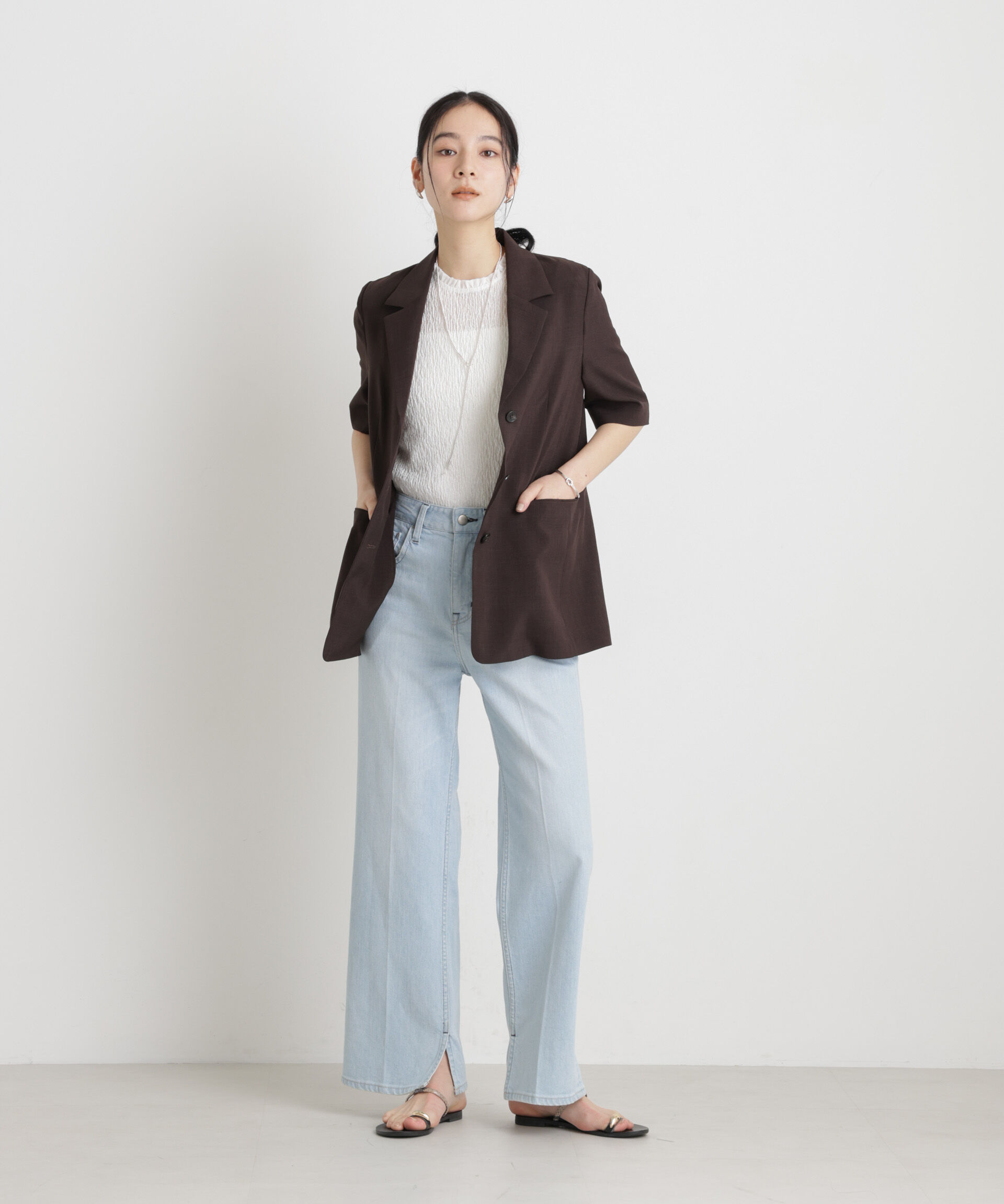 nano･universe「メランジドライ ハーフスリーブシングルジャケット(セットアップ可)」|テーラードジャケット|