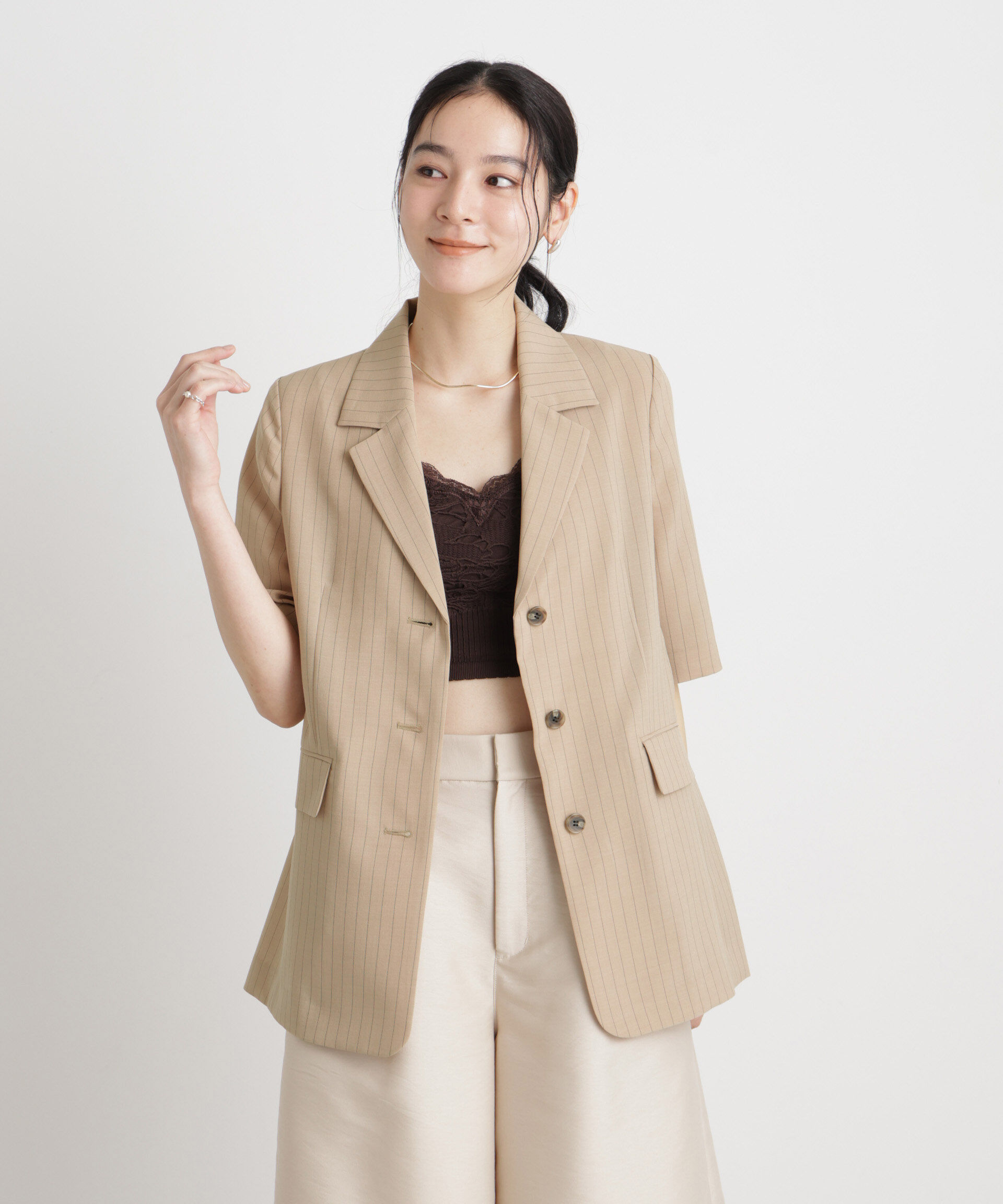 nano･universe「メランジドライ ハーフスリーブシングルジャケット(セットアップ可)」|テーラードジャケット|