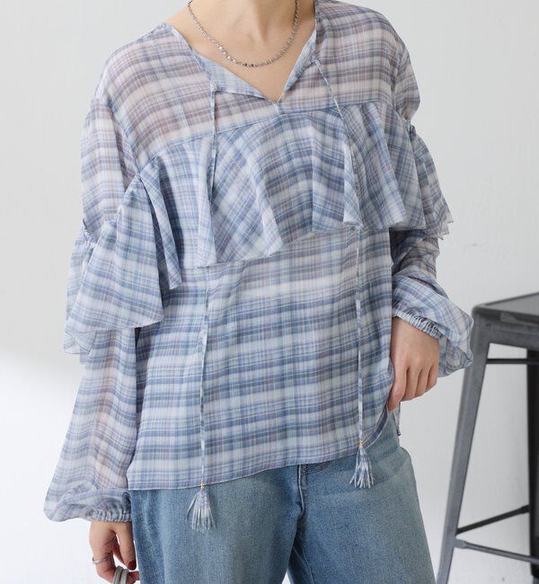  「チェックシフォンラッフルブラウス」|シャツ・ブラウス|