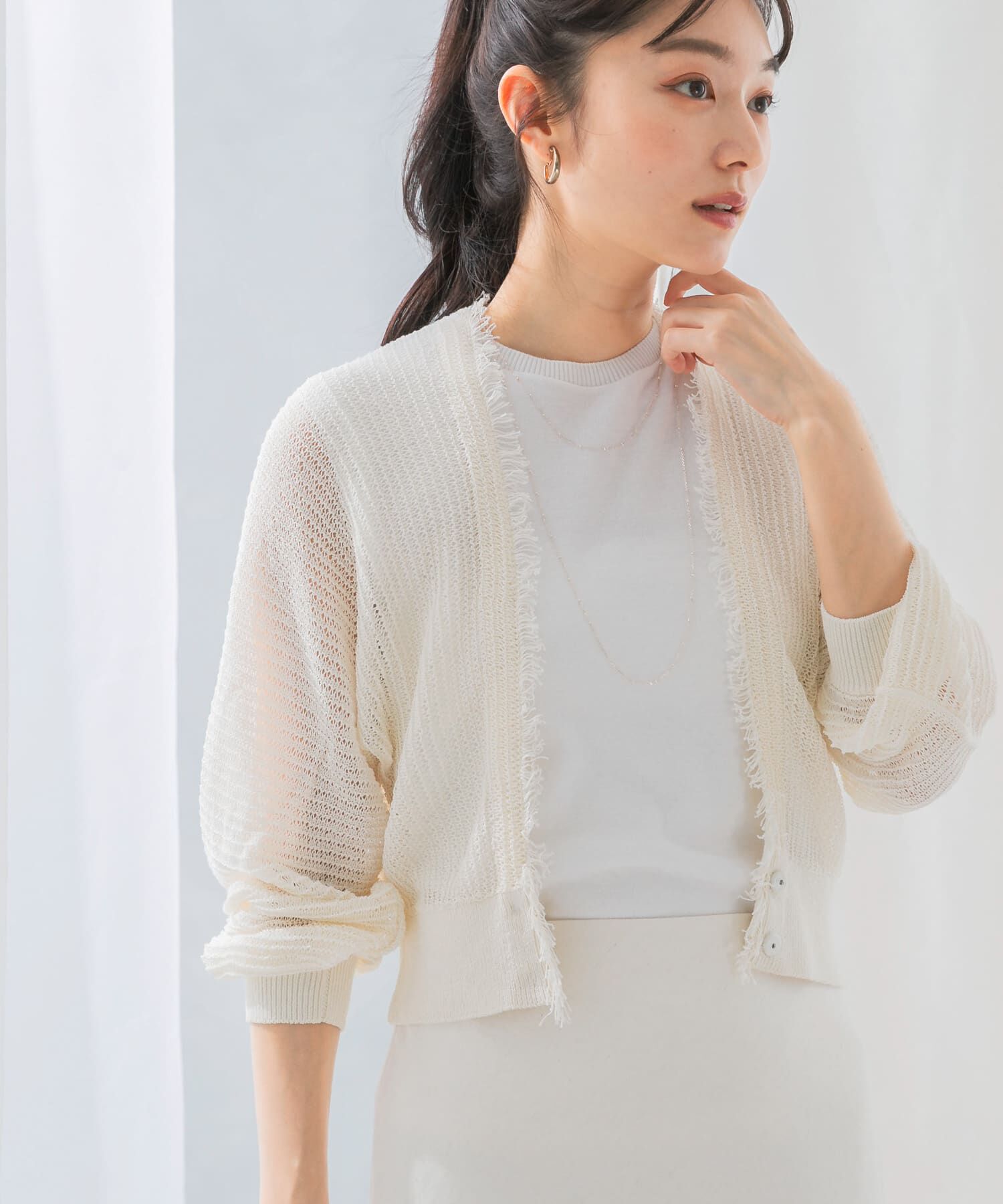 URBAN RESEARCH ROSSO「柄編みフリンジカーディガン」|カーディガン|オフホワイト