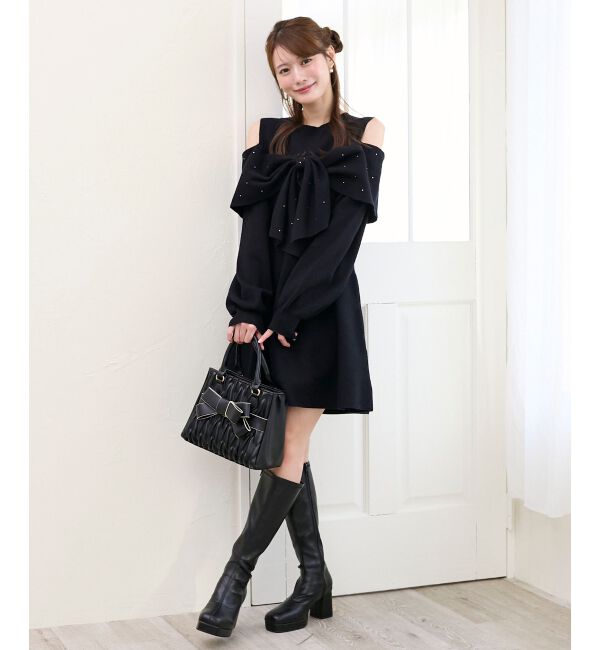  「ビジューリボンニットミニワンピース」|ワンピース|